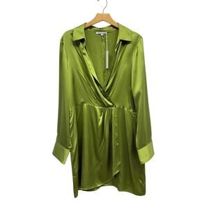 Reformation Long Sleeve Faux Wrap Alaine Silk Dress ES in Green size 12 NWT